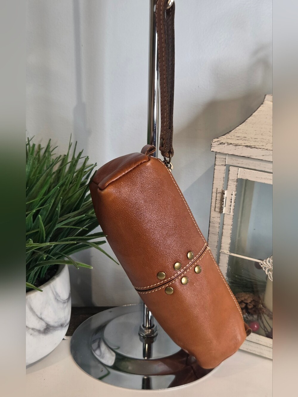 Patricia Nash Tan Brown Leather Cosmetic Case with Stud Accents